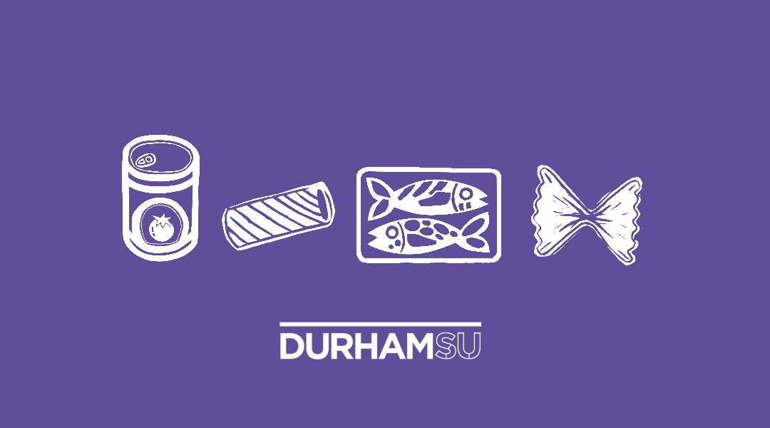A banner that says "The Pantry", with Durham SU's logo underneath. Food stuffs cover the top of the image